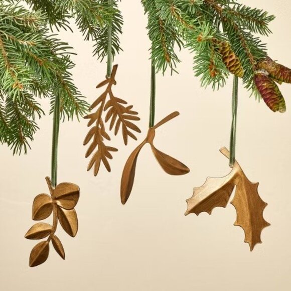 Hearth & Hand with Magnolia Antique Brass Leaf Christmas Tree Ornaments Set of 4 - Picture 1 of 3